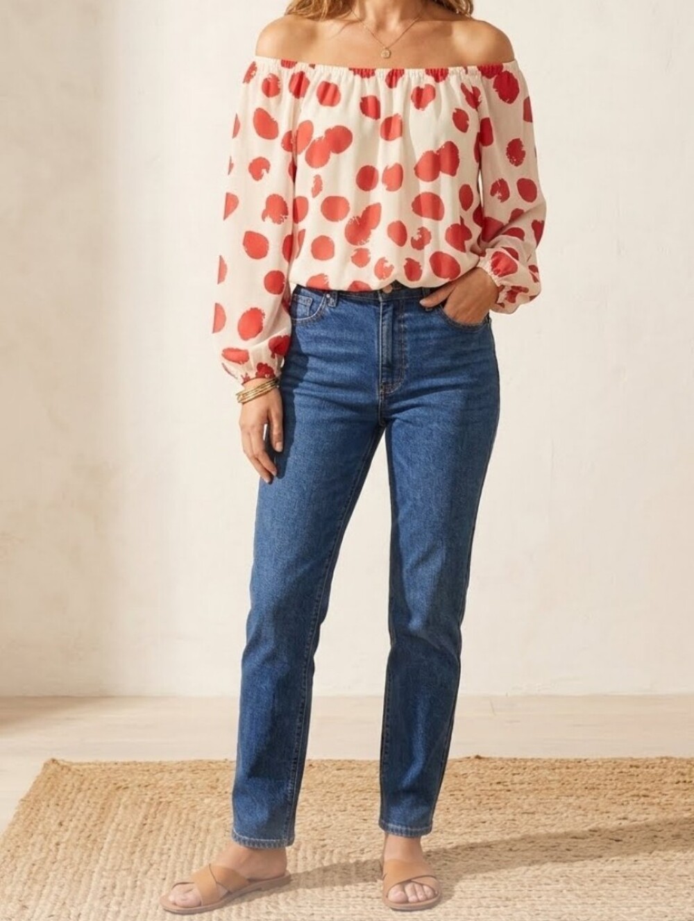 Ravel EUC off shoulder 3/4 sleeve polka dot blouse Large red white
